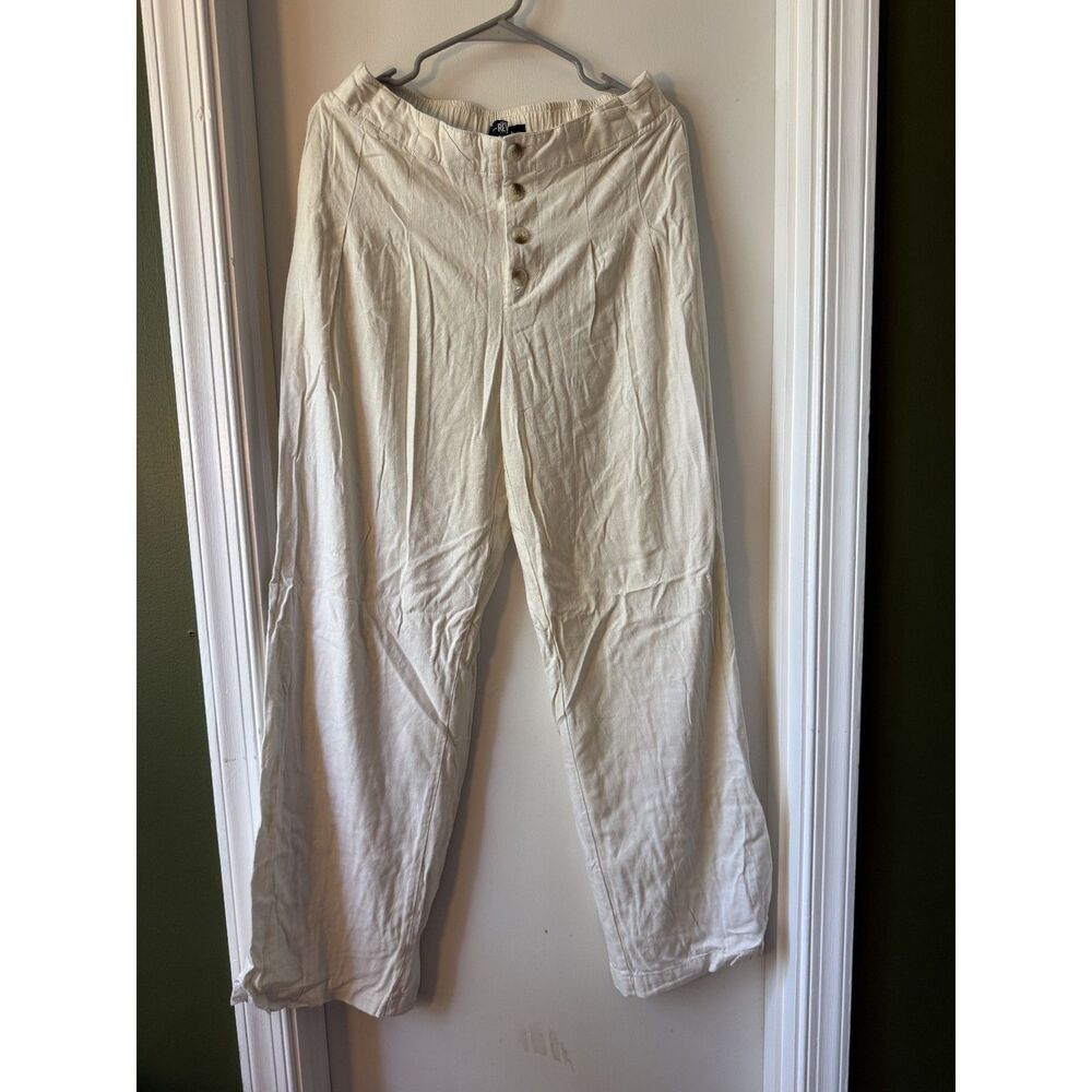 REWASH Linen Button Up Pants in Beige, Large